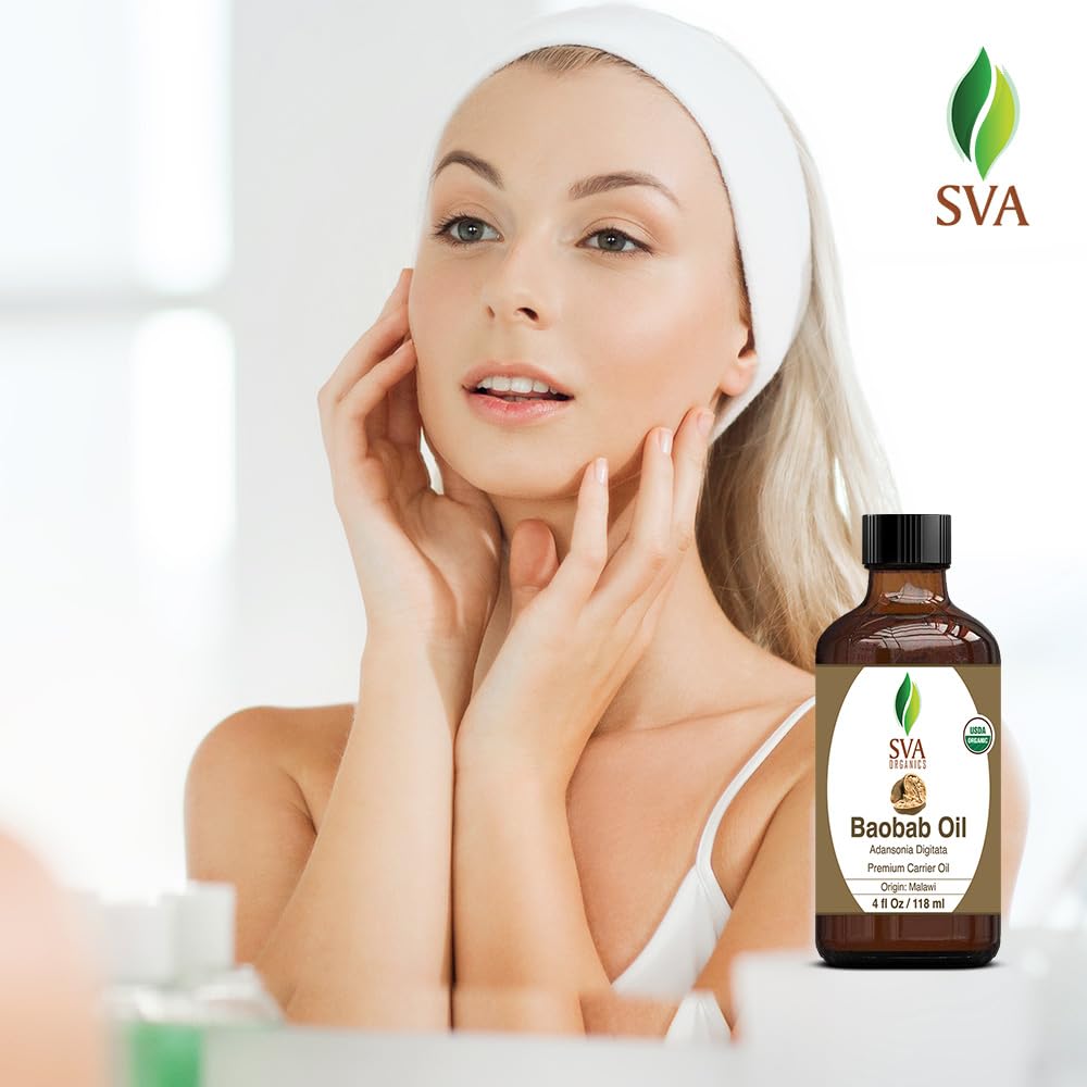 SVA Baobab Seed Oil Organic - 4 Fl Oz – 100% Natural Cold Pressed Organic Baobab Oil - for Face, Skin Care, Hair Care, Scalp Massage & Body Massage – Carrier Oil with Dropper