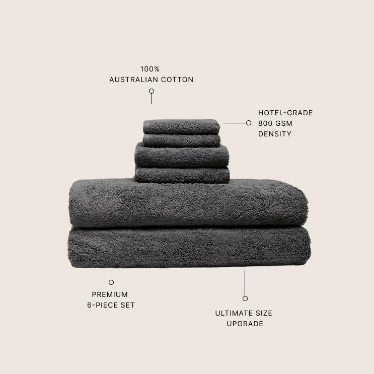 Italic Ultraplush Luxe 6 Piece Towel Set – 2 Bath Sheets, 2 Hand Towels, 2 Washcloths – 800GSM Soft, Highly Absorbent & Quick Drying, Resort Grade 100% Australian Cotton Towels (Charcoal)