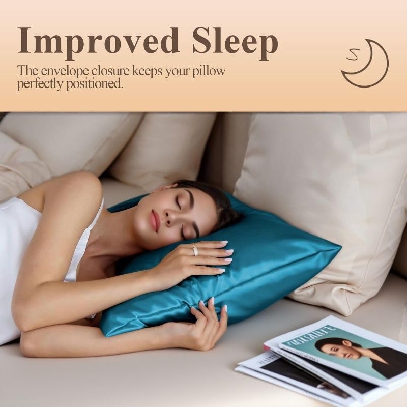 Juwenin Bedding,Super Soft and Luxury Silky Satin Pillowcase with Zipper (Silky Satin Pillow Case for Hair) Set of 2 (Teal, Standard(20''x26''))