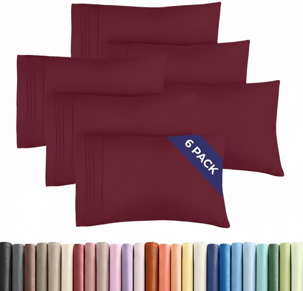 King Pillow Cases Set of 6 - Ultra Soft Hotel Quality Pillowcase Covers - Comfy & Wrinkle Free - Shrink, Stain & Fade Resistant - Easy-Care, Machine Washable Pillow Protectors - 6 Piece Set - Burgundy