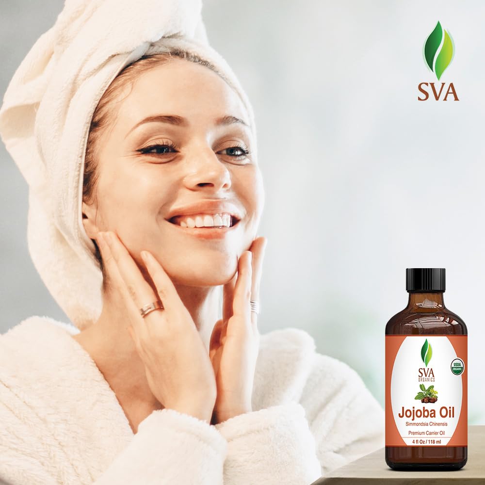 SVA Jojoba Seed Oil Organic - 4 Fl Oz – 100% Natural Cold Pressed Organic Jojoba Oil - for Face, Skin Care, Hair Care, Scalp Massage & Body Massage – Carrier Oil with Dropper