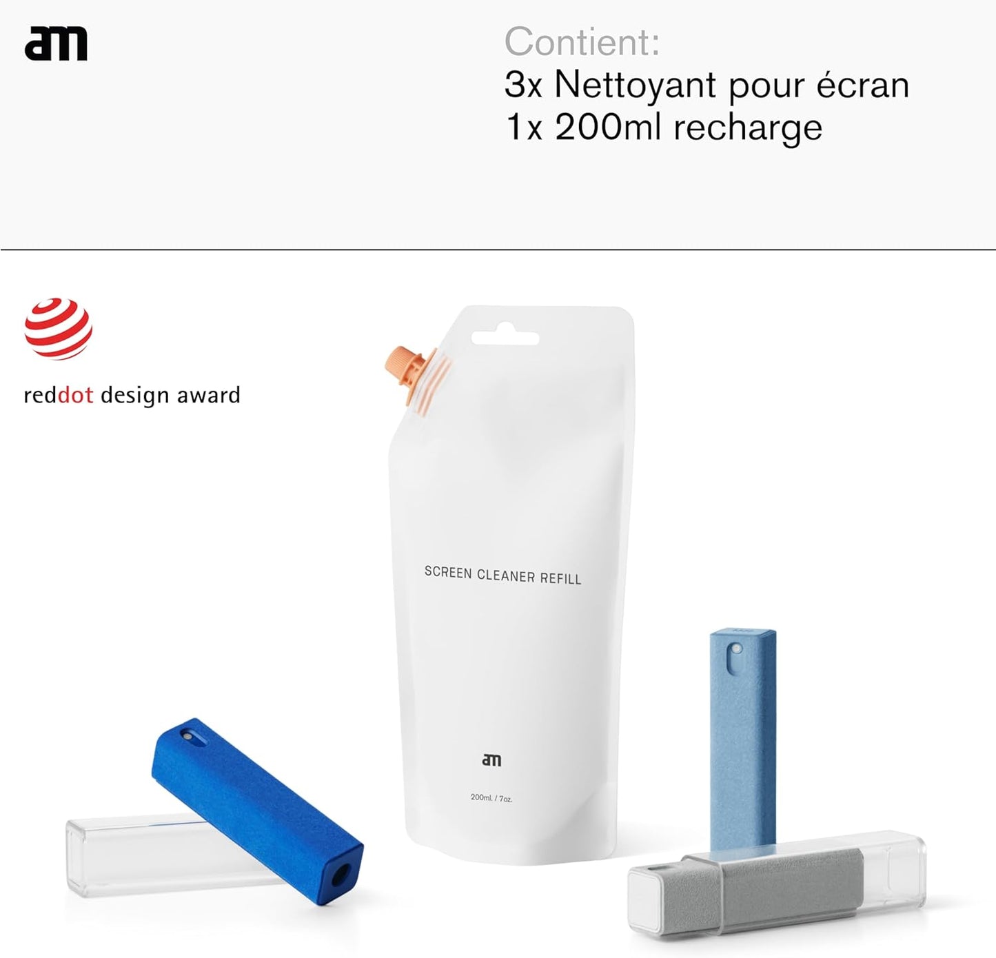 am Screen Cleaner with 7 oz Refill – Alcohol-Free Spray & Microfiber Cloth for iPhone 15 & 14, iPads, Tablets, Laptops, Phones, Smart TVs, Car Displays – Streak-Free, Non-Toxic, Eco-Friendly, Blue