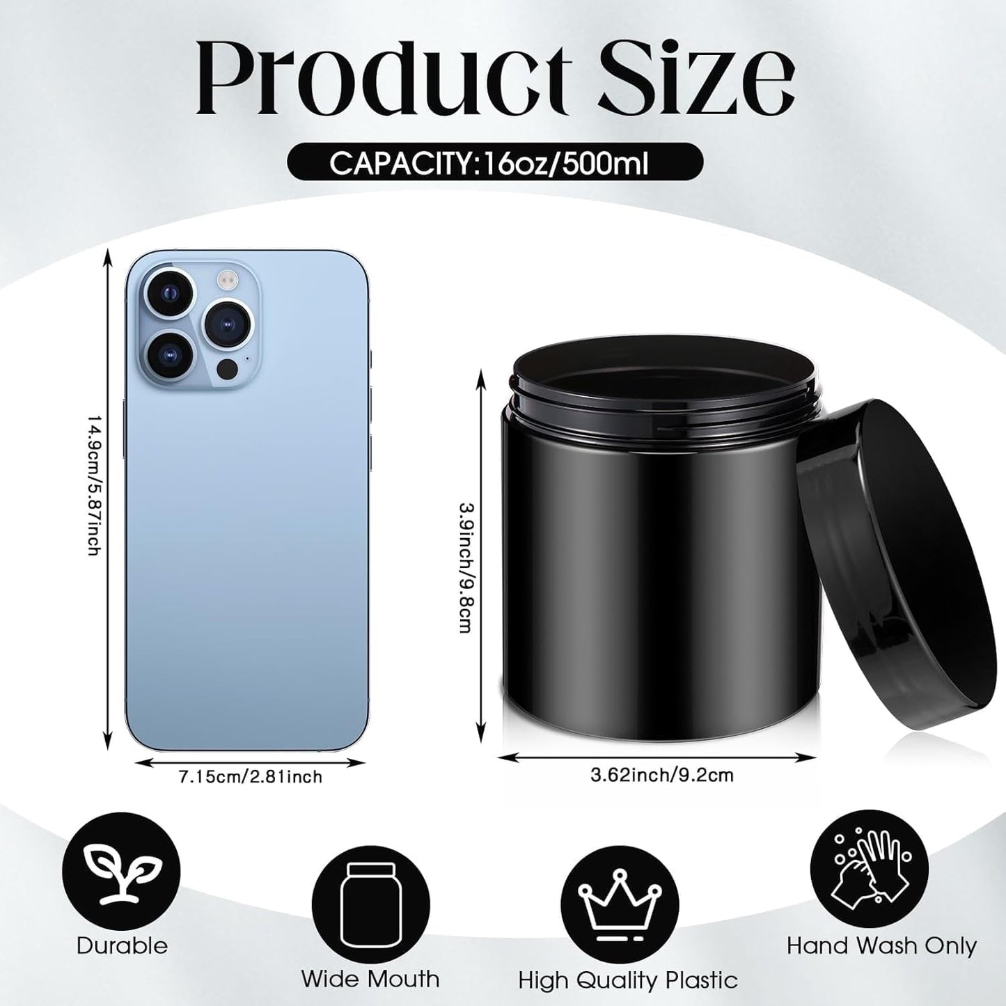 SATINIOR 12 Pack 16 oz Plastic Container Jars with Lids Round Clear Travel Cosmetic Container Slime Jar for Toiletries, Lotion, Cream, Ointment, Makeup, Rhinestone, Sample, Kitchen Storage(Pure Black)