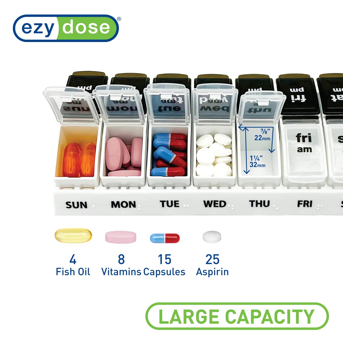 EZY DOSE Weekly (7-Day) Daily AM/PM Pill Case, Medicine Planner, Vitamin Organizer, Supplement Container, Large Pop-Out Compartments, Designed for Travel 2 Times a Day, Black and White Lids
