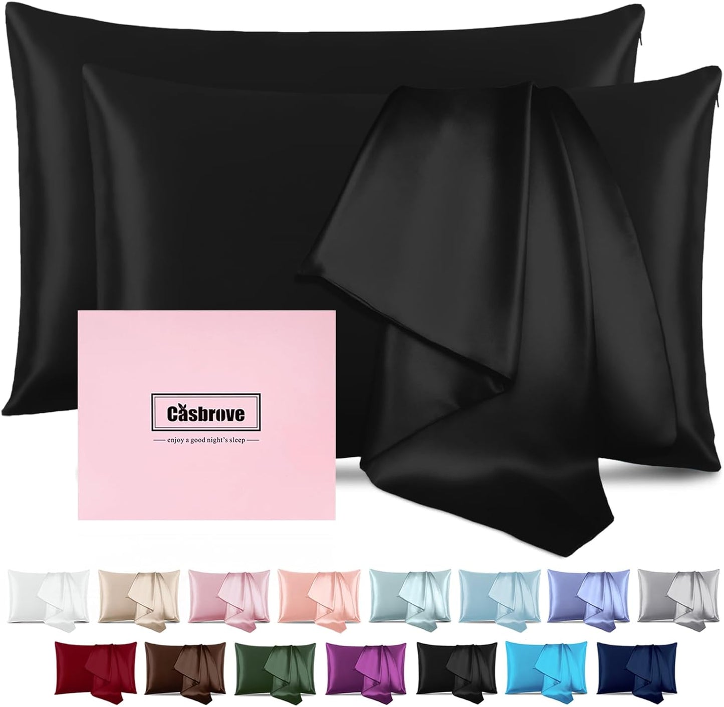 Silk Pillow Cases 2 Pack Mulberry Silk Pillow Cases Soft Breathable Both Sided Natural Silk Pillowcase with Zipper Beauty Sleep Silk Pillow Cases for Gift(Standard,Black)
