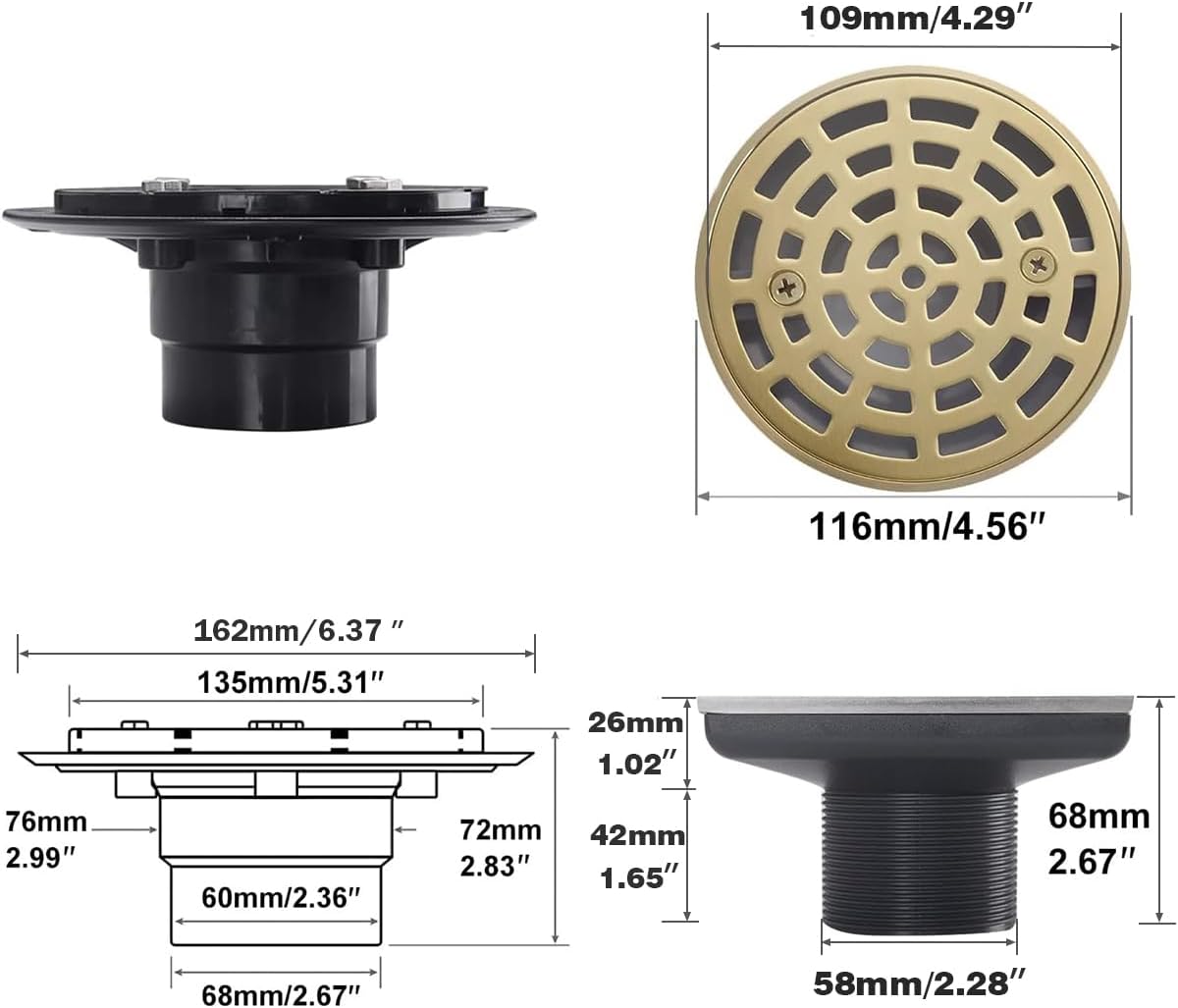 RANDOM Round Shower Drain SUS304 Stainless Steel Brushed Gold Shower Drain 4 inch with Adjustable PVC Base Flange,Shower Floor Drain with Removable Cover Grid Grate