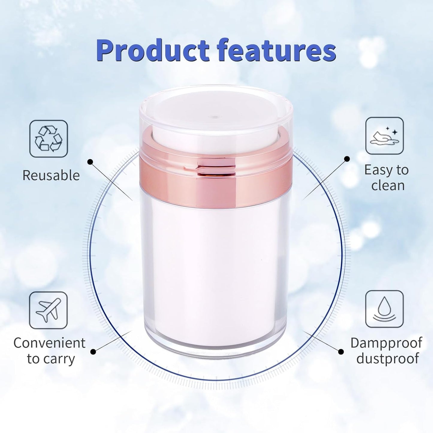 2Pack Airless Pump Jars with Cosmetic Spatula, 3.5 oz Empty Refillable Cosmetic Air Pump Jars Bottles Airless Lotion Cream Dispenser Portable Travel Makeup Containers (Rosegold)