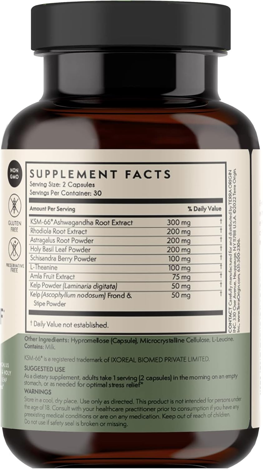TERRA ORIGIN Healthy Stress Supplement | 60 Capsules | KSM-66 Organic Ashwagandha, L-Theanine, Rhodiola Extract, Astragalus Root and Holy Basil | Stress and Mood Support