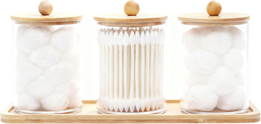 AXX Qtip Dispenser Apothecary Jars Bathroom - Qtip Holder Storage Canister Clear Plastic Jar for Cotton Swab,Q-Tips,Cotton Rounds (K#Bamboo 4Pcs)