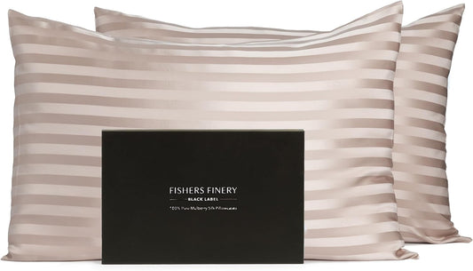 Fishers Finery 30mm 100% Pure Mulberry Silk Pillowcase Set, Quality Tested (Taupe Stripe, Queen, 2 Pack)