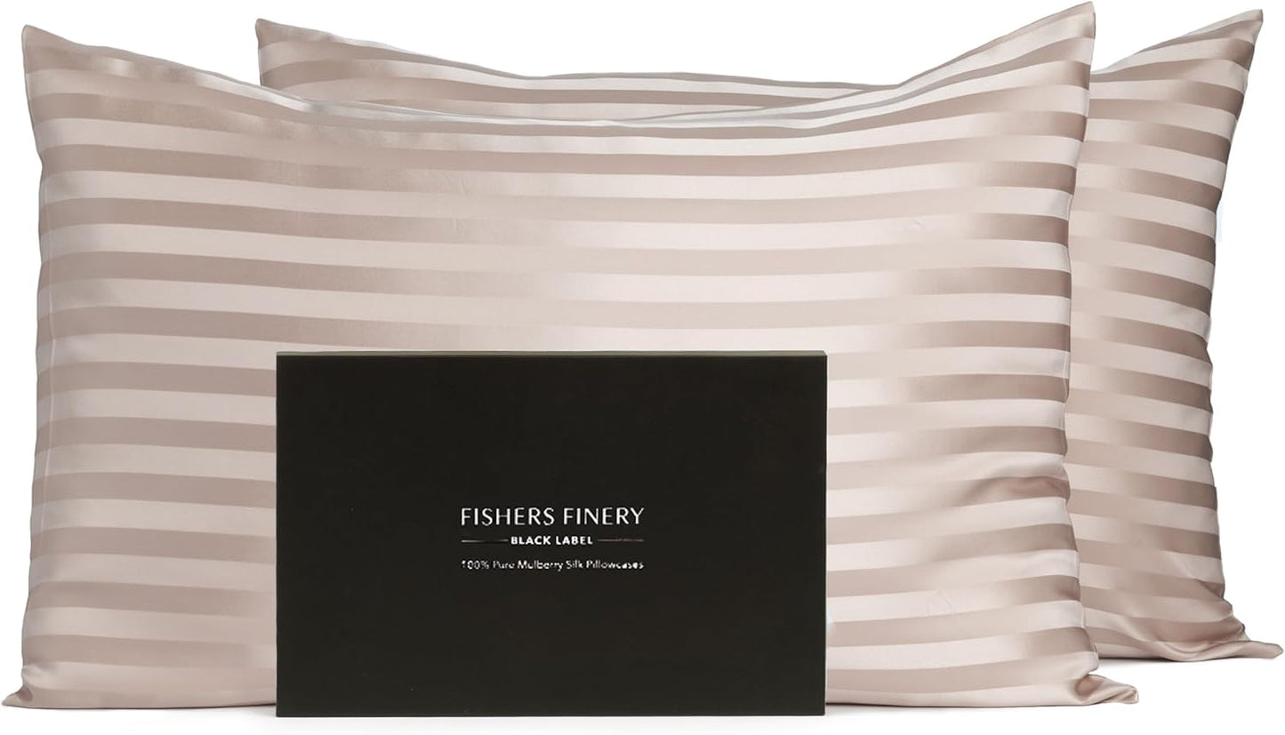 Fishers Finery 30mm 100% Pure Mulberry Silk Pillowcase 2 Pack, Quality Tested (Taupe Stripe, Standard, 2 Pack)