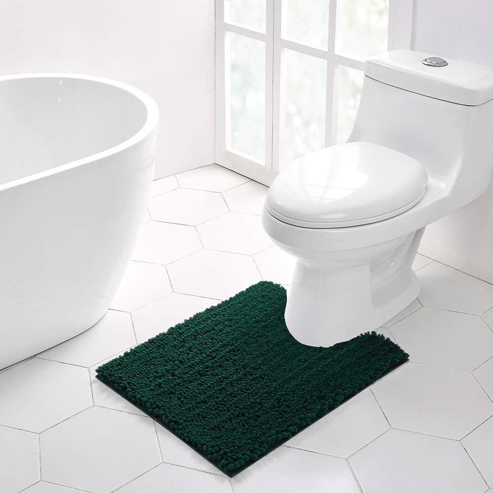 Walensee Bathroom Contour Rug Non Slip Toilet U Shaped Bath Mat (20x24, Hunter Green) Water Absorbent Super Soft Shaggy Chenille Machine Washable Dry Extra Thick Perfect Absorbant Best Plush Carpet