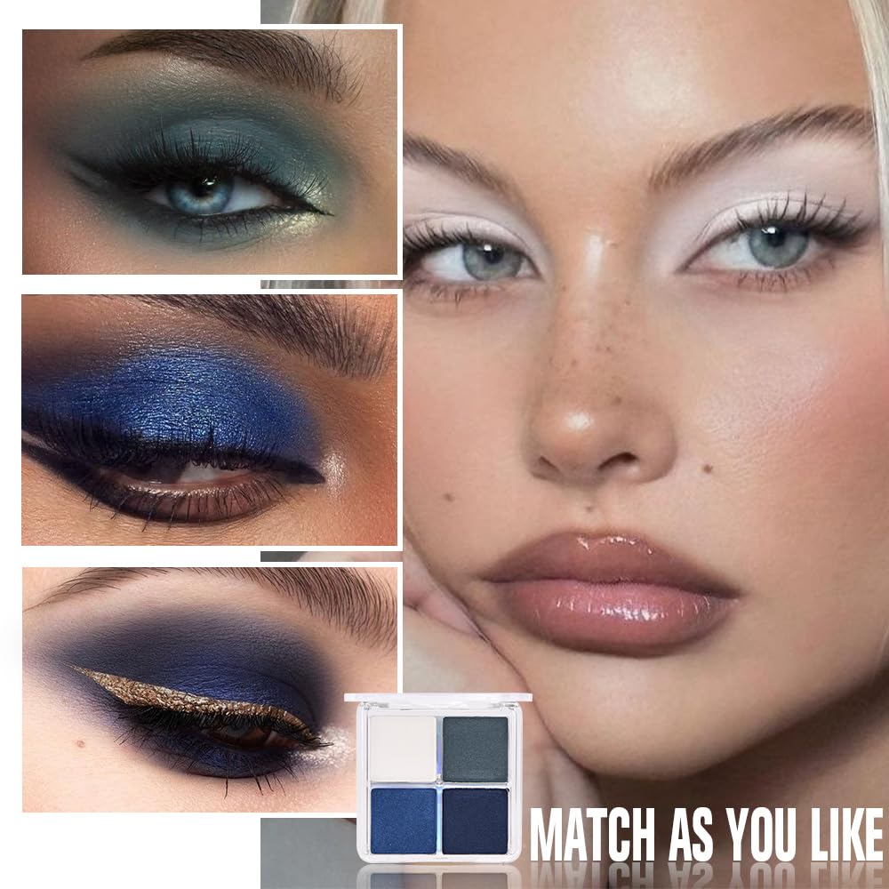 4 Colors Dark Peacock Green White Navy Sapphire Blue Eye Shadow Powder Palette Makeup, Highly Pigmented Waterproof Matte Shimmer Cream Quads Eyeshadow Palette for Women, paleta de sombras de ojos 08