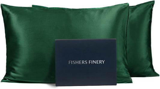 Fishers Finery 25mm 100% Pure Mulberry Silk Pillowcase (Dark Green Queen 2 Pack)