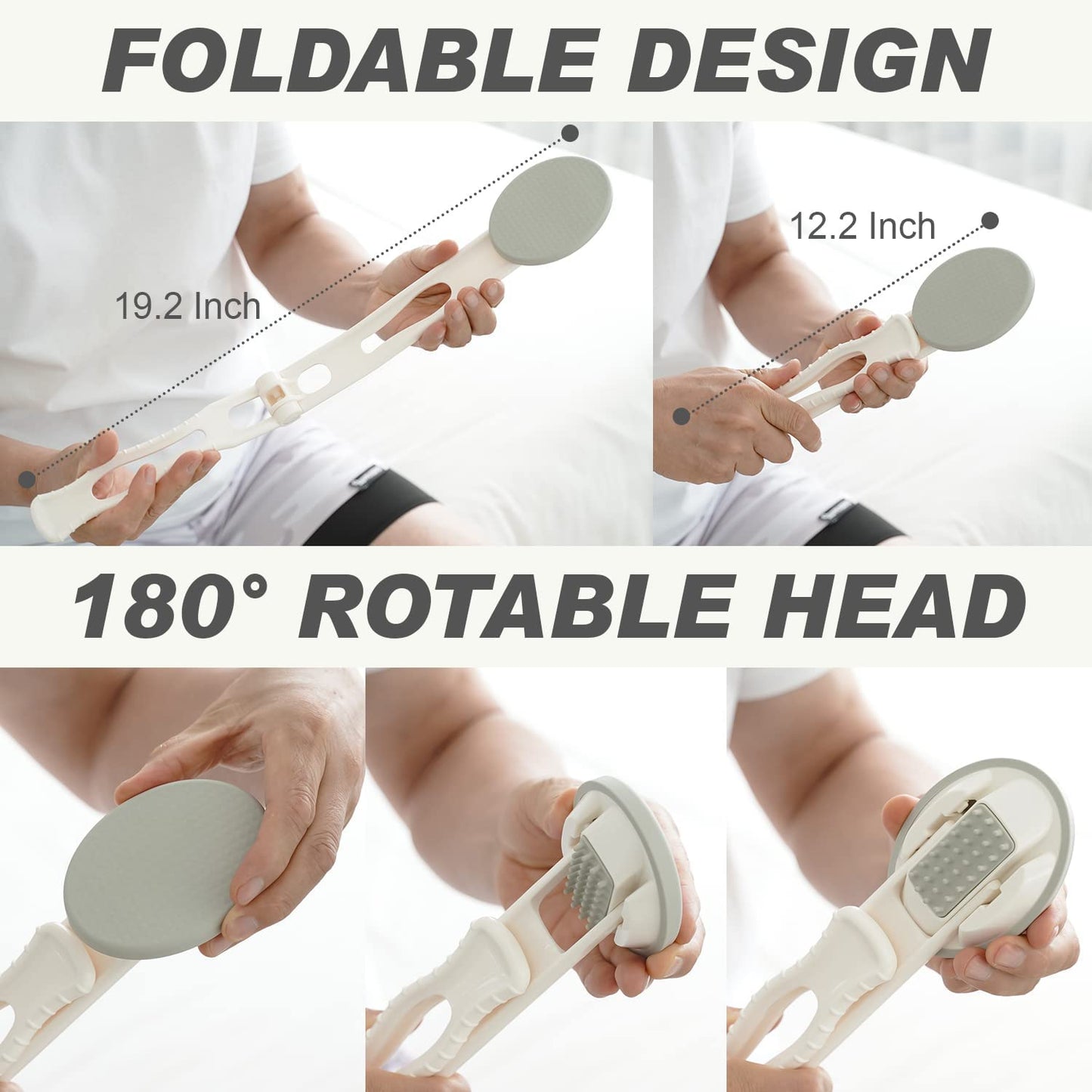 Lotion Applicator for Back - 3in1 Foldable, Cream, Sunscreen, Ointment Applicator, 19" Long Handle, Body Massage Tool - 1 Body Brush Pad, 1 Lotion Pad Included