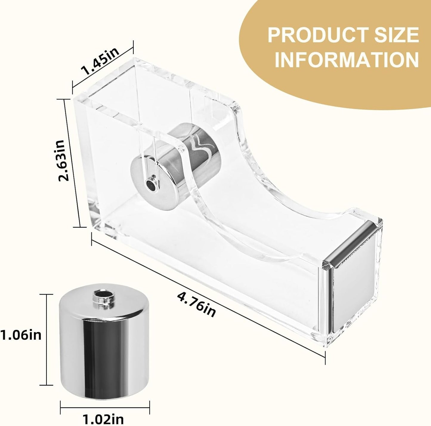 2-Piece Acrylic Office Tape Dispenser, Transparent Tape Dispenser Kit with Non-Slip Rubber Bace, 1 Inch Core Morden Accessory for Stylish Desk at Home, School, Office-Silver