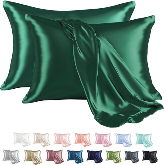 MR&HM Satin Pillowcase for Hair and Skin, Silk Satin Pillowcase 2 Pack, Standard Size Pillow Cases Set of 2, Silky Pillow Cover with Envelope Closure (20x26, Dark Green)