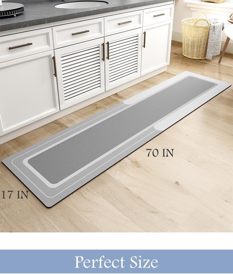 MontVoo Bath Mat - Long Bathroom Runner Non Slip Super Absorbent Stain Resistant Quick Dry Thin Bath Mat 17"x70" Grey