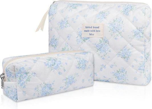 2PC Makeup Bag Set, Cute Cosmetic Bag for Women Girls, Floral Coquette Aesthetic Toiletry Bag, Travel Make Up Organizer Bag (Blue Rose)