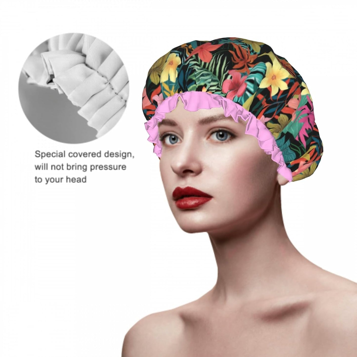 Floral Colorful Double Layer Waterproof Shower Cap for Women Reusable Fashion Bath Cap for All Long Hair Lengths Soft Bath Shower Hat