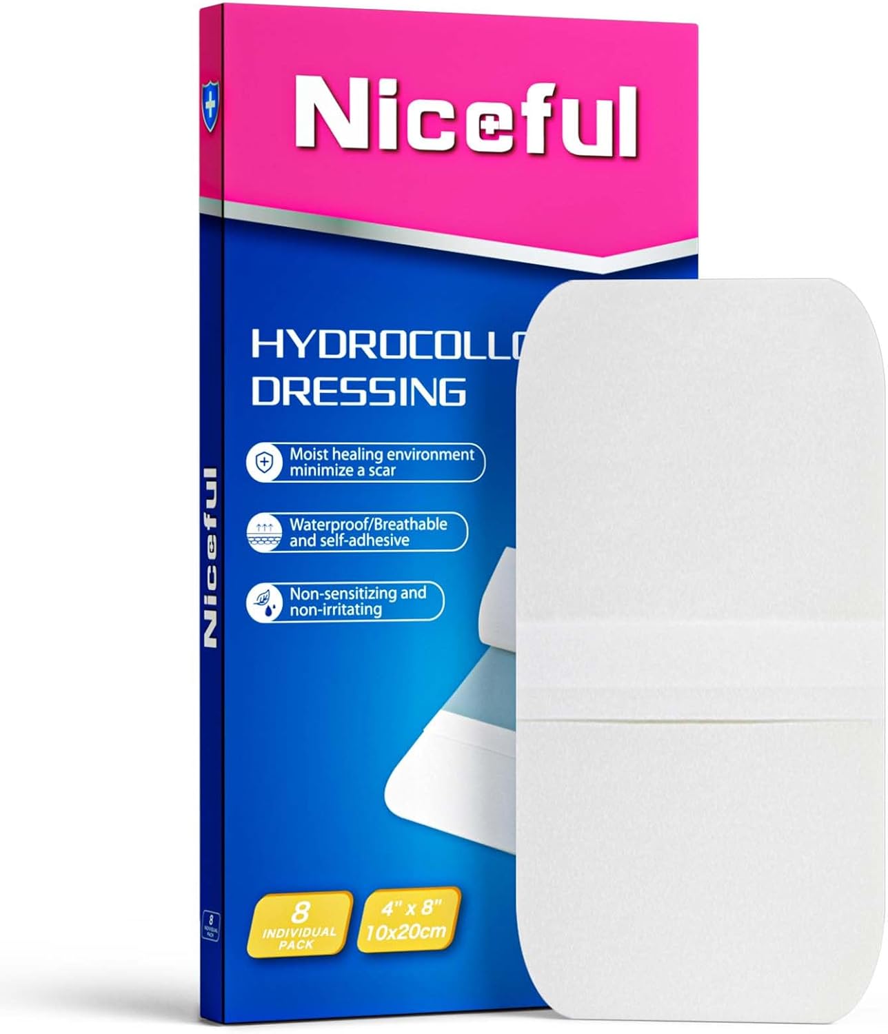 8 Count Hydrocolloid Bandages 4"x8", Large Hydrocolloid Gel Bandages for Wounds, Wound Healing Bed Sore Dressings