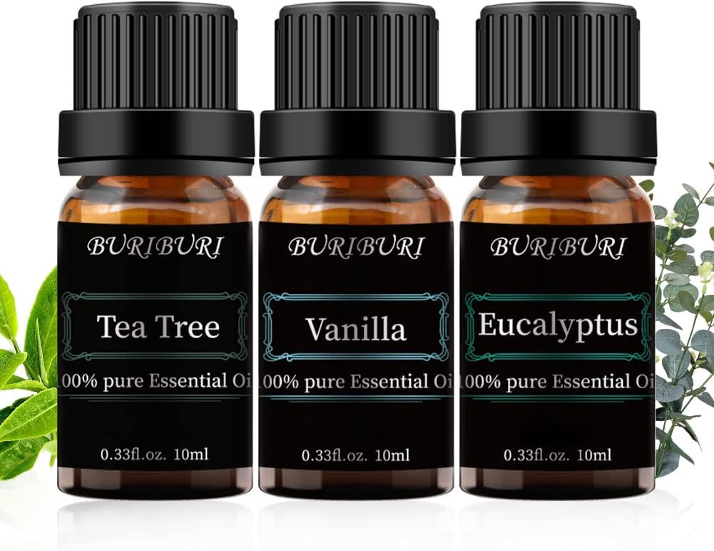 BURIBURI Tea Tree, Eucalyptus and Vanilla Essential Oil Set, 100% Pure 3Pcs Essential Oils Gift Set for Diffusers