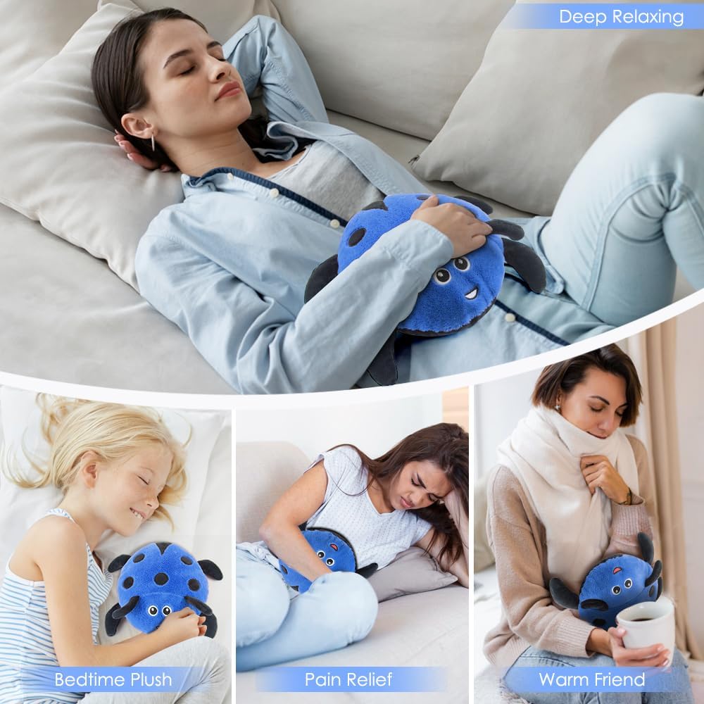 Microwavable Heating Pad for Pain Relief, Cute Unscented Stuffed Animal Moist Heat Pad for Neck, Shoulder, Stitched Heatable Soft Pillow for Cramps, Period, Gift for Women & Kids (Blue)