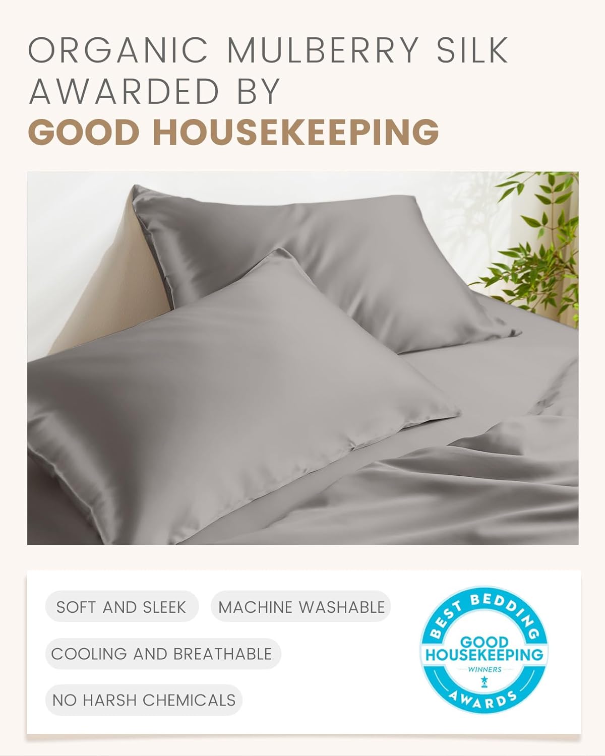 THXSILK 100% Mulberry Silk Pillowcase for Hair and Skin, Natural Silk Pillow Cover with Hidden Zipper, Ultra-Soft Breathable Smooth Organic Silk Pillowcase(Grey, California King Size 20"x40")