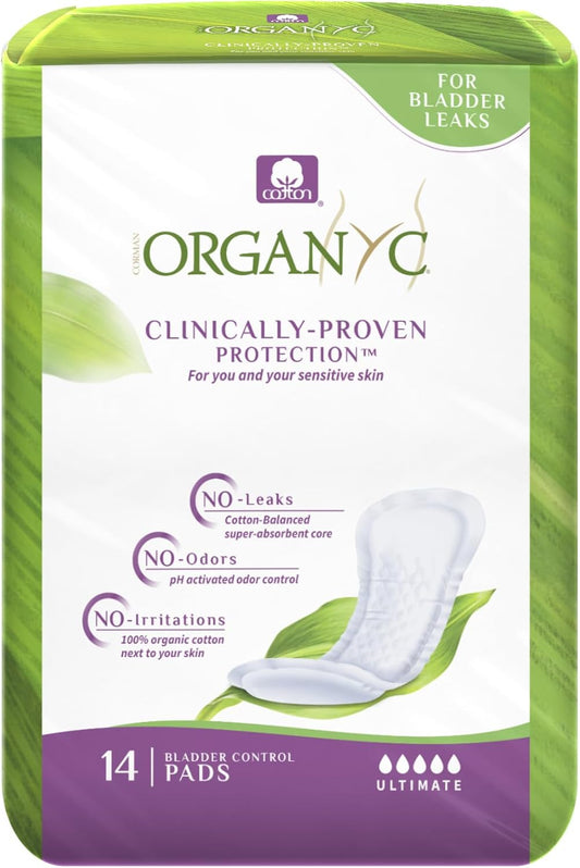 Organyc – 100% Organic Cotton Inside and Out Light Incontinence Pads for Bladder Leaks, FSA/HSA Eligible, Ultimate Flow, 14 Count