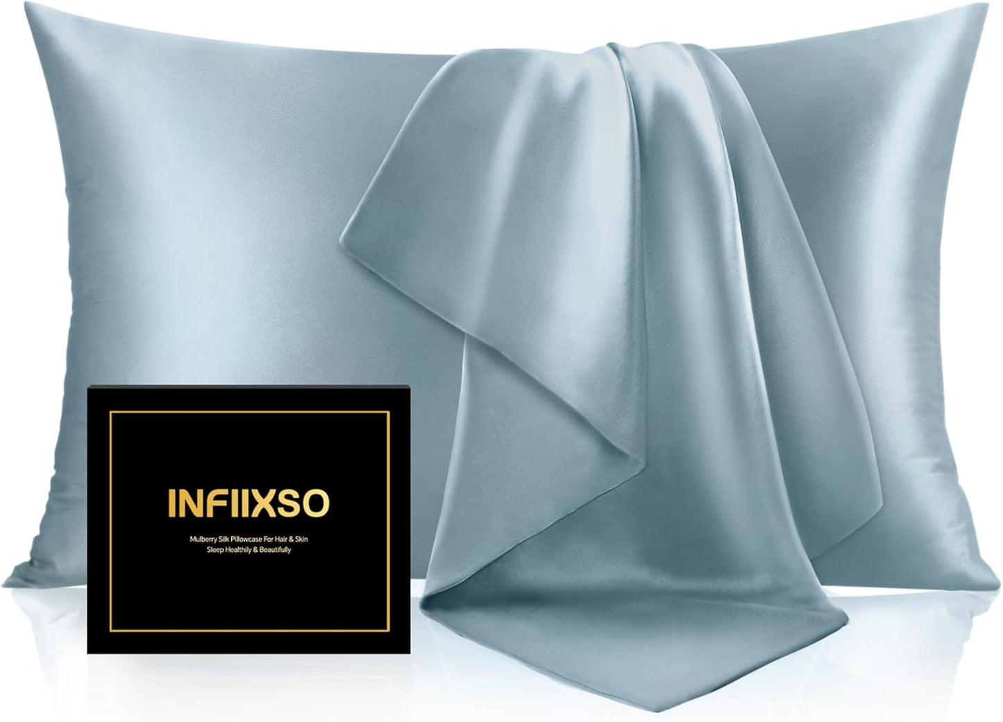 INFIIXSO Mulberry Silk Pillow Cases King Size Set of 2, Silk Pillowcase with Hidden Zipper 20"x36", Extraordinary Smooth and Soft Pillow Case for Hair and Skin(Airy Blue, 2 Pack)
