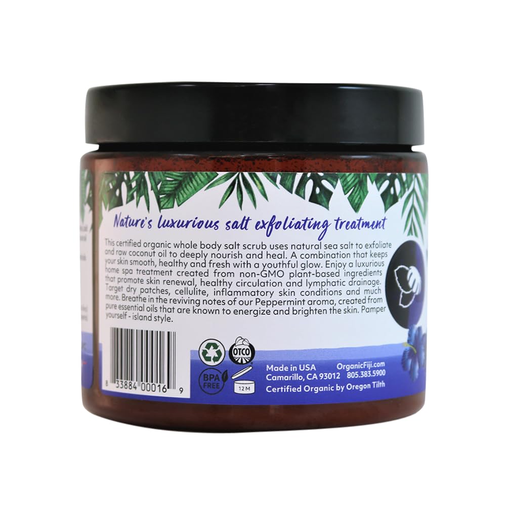 Organic Fiji Whole Body Scrub - Infused with Coconut Oil, Exfoliating Sea salt Scrub for Smooth and Soft Skin, Exfoliates & Restores Skin's Natural Biosphere, Peppermint 20 oz