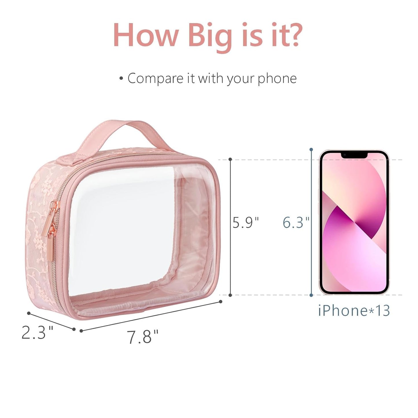 PACKISM TSA Approved Toiletry Bag - Floral Texture Lace Clear Makeup Bags with Handle, Clamshell Closing 180° Opening, Clear Toiletry Bags for Travel Essentials, 0.5 mm Thick, Pink