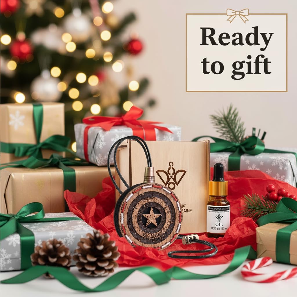 Wood Car Air Freshener — Handmade Car Air Freshener — Captain Shield Designed Fragrance Oil Diffuser in Wooden Gift Box — Aromatherapy Gift Set with Coffee Beans Fragrance Oil - 10 ml