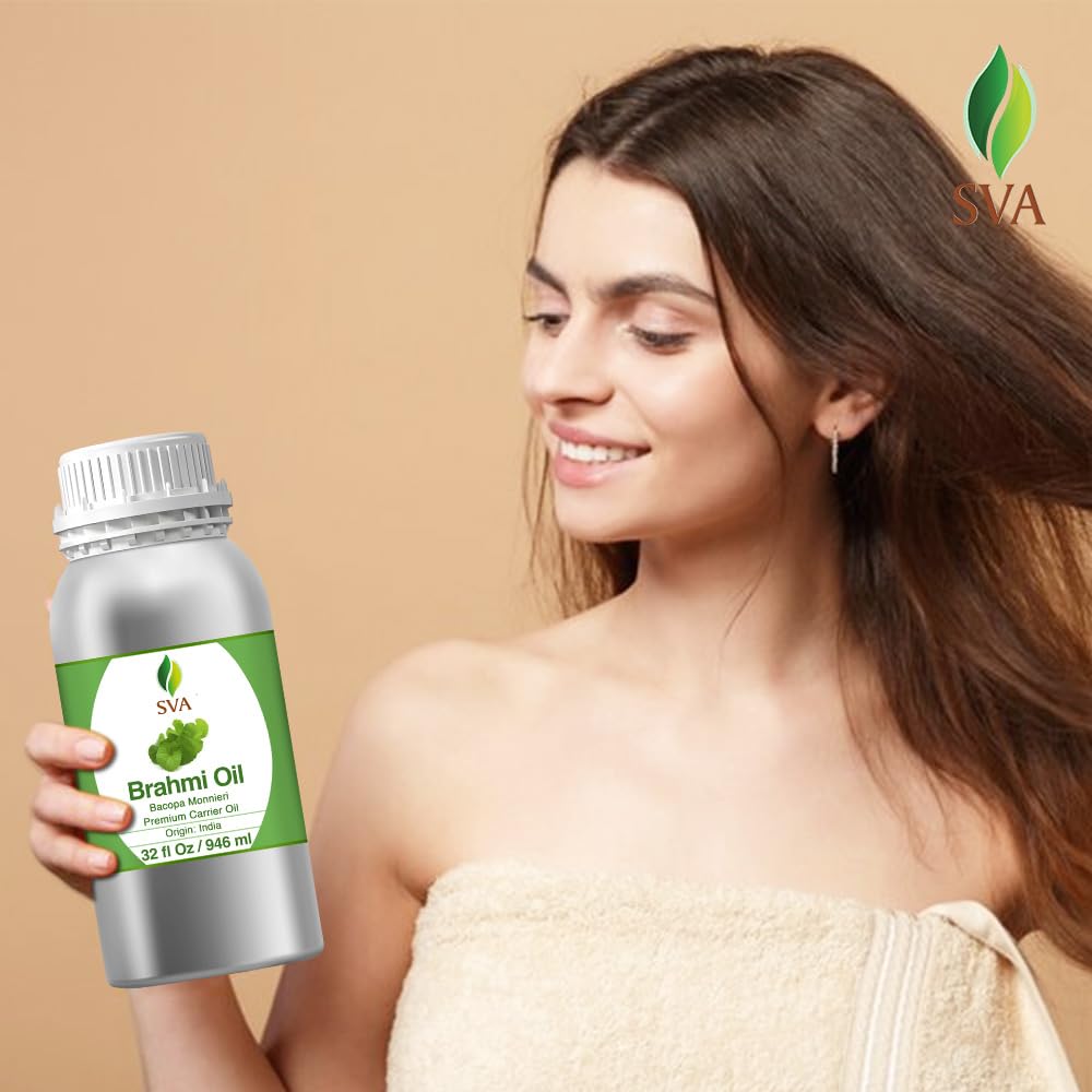 SVA Brahmi Oil - 32 Fl Oz – 100% Natural Cold Pressed Brahmi Oil - for Face, Skin Care, Hair Care, Scalp Massage & Body Massage – Carrier Oil