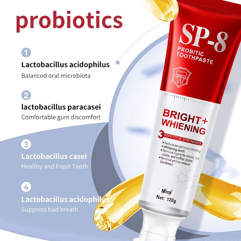 SP-8 Probiotics Whitening Toothpaste - Probiotics for Teeth Whitening and Gum Health - Enamel-Safe, Fluoride-Free, Double Mint Flavor,Fresh Breath-4pcs
