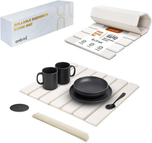 Stone Drying Mat for Kitchen Counter 16"x12" – Quick Dry Diatomaceous Earth Mat for Sink, Dishes, Cups & Soap – Foldable, Food-Grade Absorbent Countertop Mat for Kitchen, Bathroom & Dish Rack