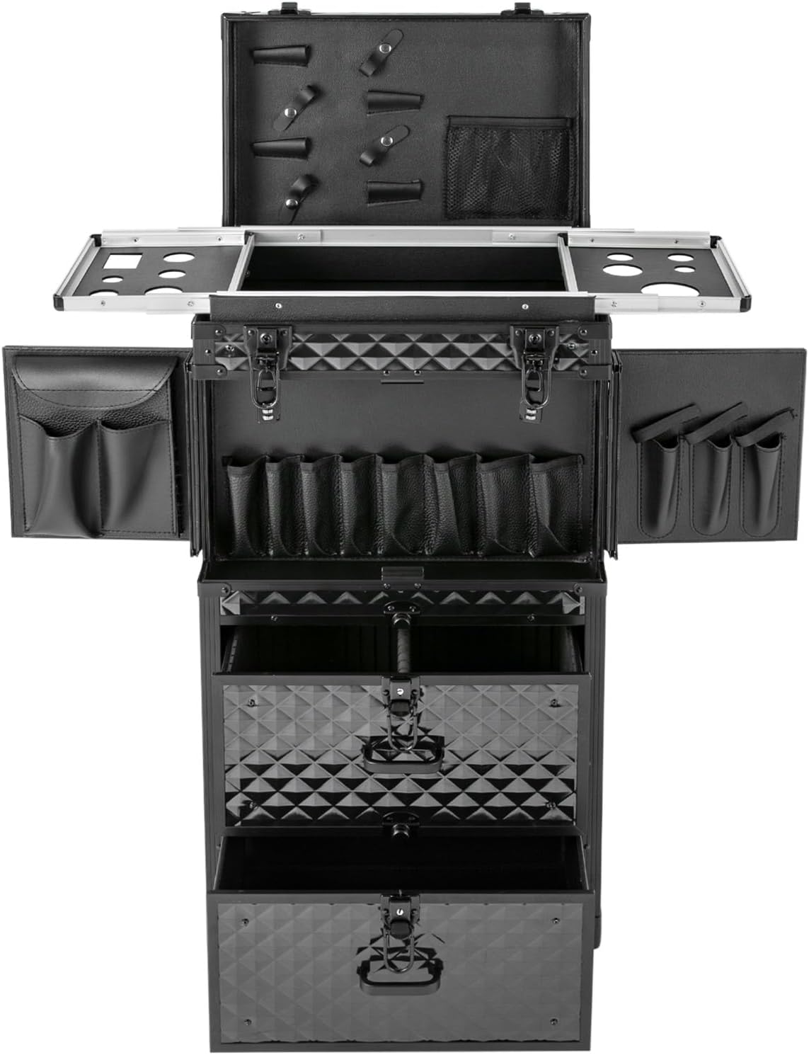 Lockable Makeup Train Case,33.07lbs Rolling Hairdressing Trolley,Beauty Salon Cosmetic Luggage with Universal Wheels for Hair Stylist,Make-up Artists (Black 3)