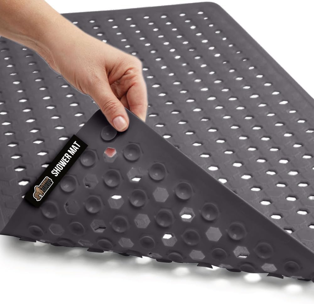 GORILLA GRIP Patented Bath Tub Shower Mat, Machine Washable Bathtub Floor Liner Mats, Suction Cups and Drain Holes to Keep Tubs Clean, Soft on Feet, Bathroom Essentials, 35x16 Inch, Charcoal Opaque