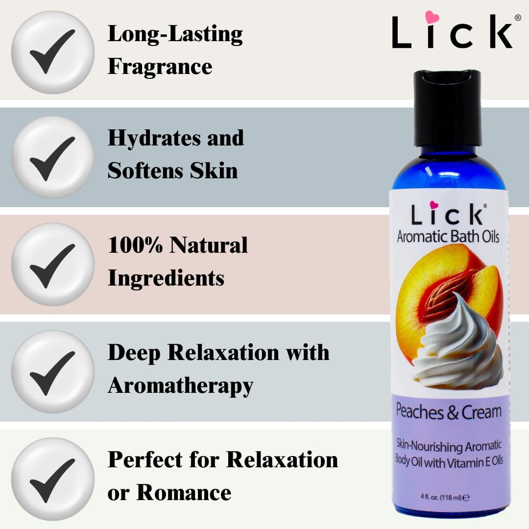 Peaches and Cream Aromatic Bath Oil – Sweet Almond, Vitamin E & Jojoba Oils for Skin Hydration – 12 Soothing Aromas – Made in USA – 4 fl oz