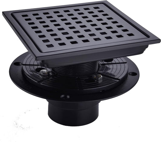RANDOM Square Shower Drain 6 Inch Matte Black Stainless Steel Shower Floor Drain Kit with Adjustable PVC Base Flange, Removable Grid Grate, Hair Strainer