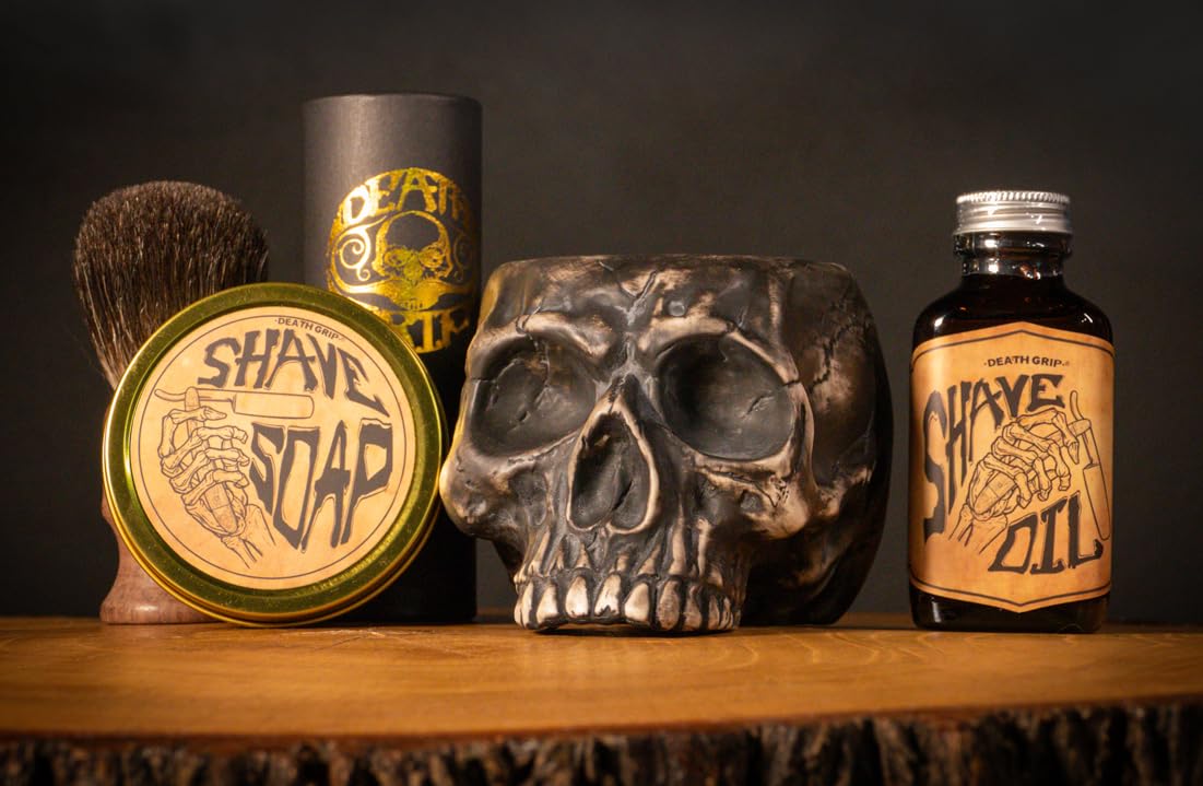 Shaving Kit for Men – Traditional Wet Shave Set with 4oz Shaving Soap, 3oz Tea Tree Oil, Badger Brush & Skull Bowl – For Use with Safety Razor or Straight Razor – Barber Grooming Gift by Death Grip