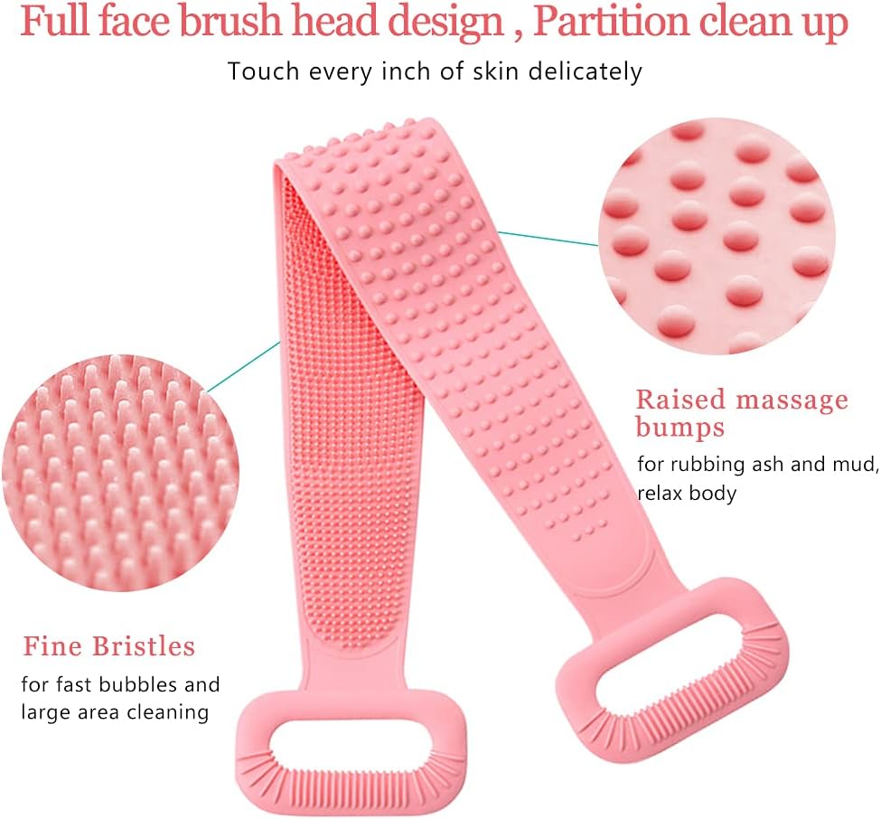 Inmorven Exfoliating Back Scrubber for Shower with Handles, 30 Inch Double-Sided Back Exfoliator Body Scrub Towel, Exfoliating Washcloth Bath Tool for use in Shower, Clean Skin for Men & Women (Pink)