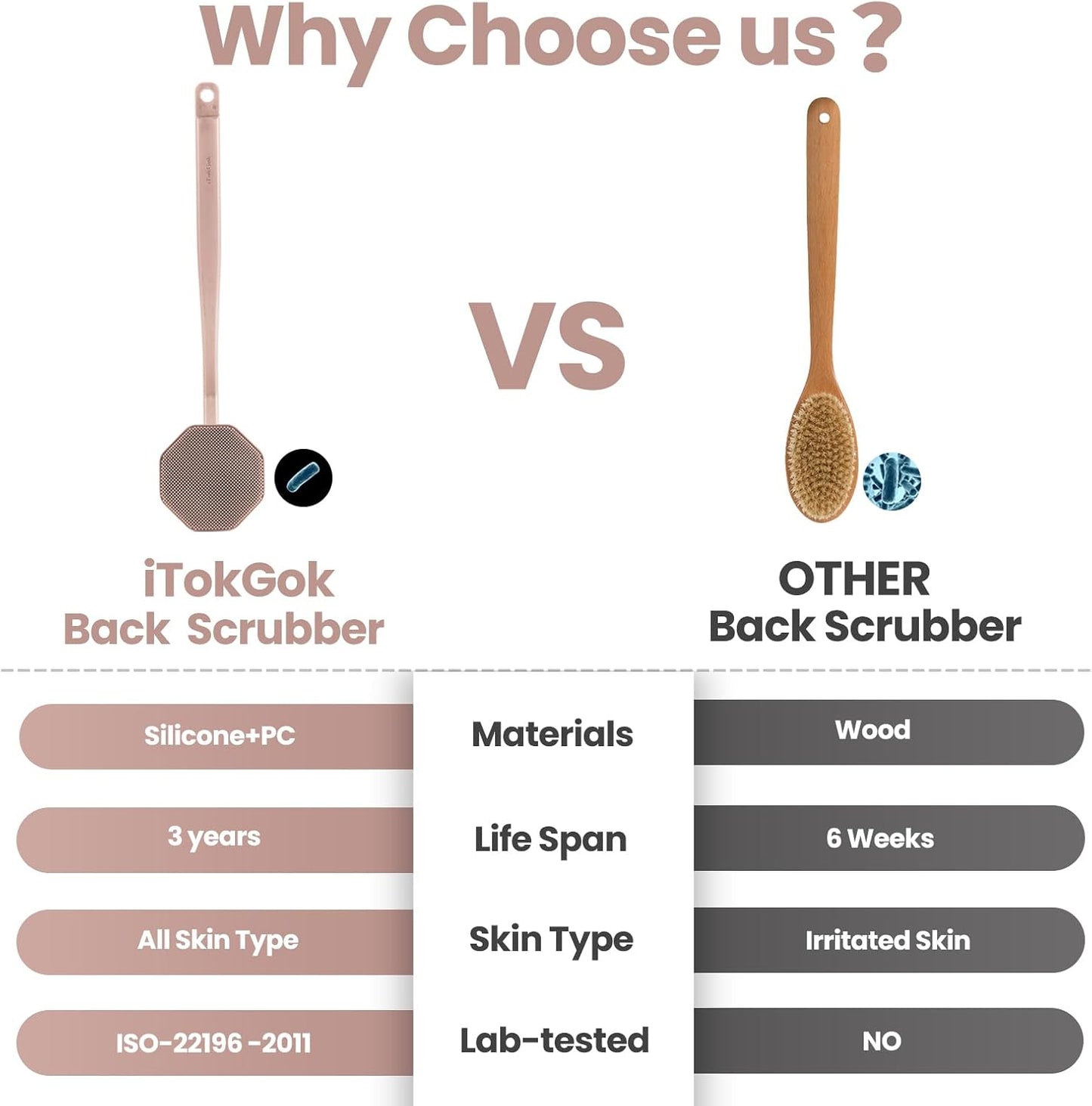 iTokGoK® Silver-Infused Silicone Back Scrubber with Long Handle Back Brush for Shower,Back Brush Long Handle for Men and Women,Ergonomic No-Slip Handle, Long-Lasting (Sand Pink)