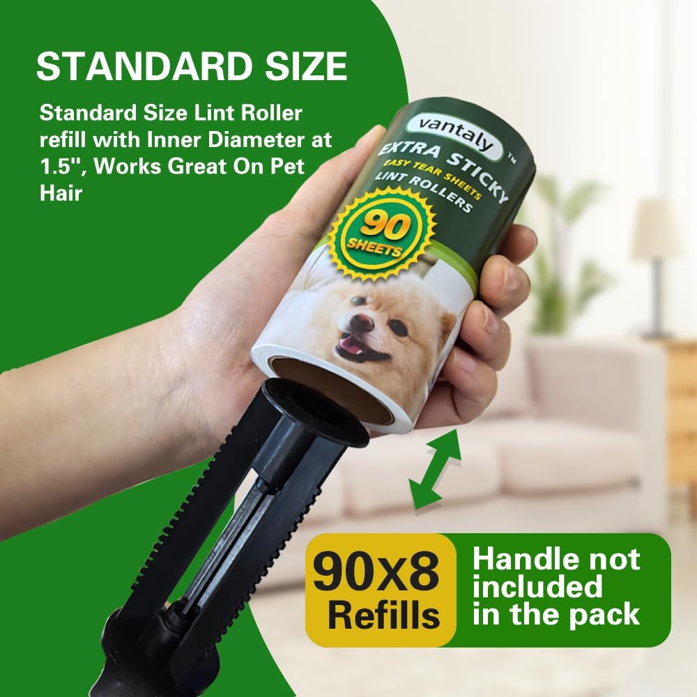 Extra Sticky Lint Roller Refills, 8 Pack with 720 Sheets Total, Pet Hair Remover for Clothes, Car, Furniture (720 Refills)
