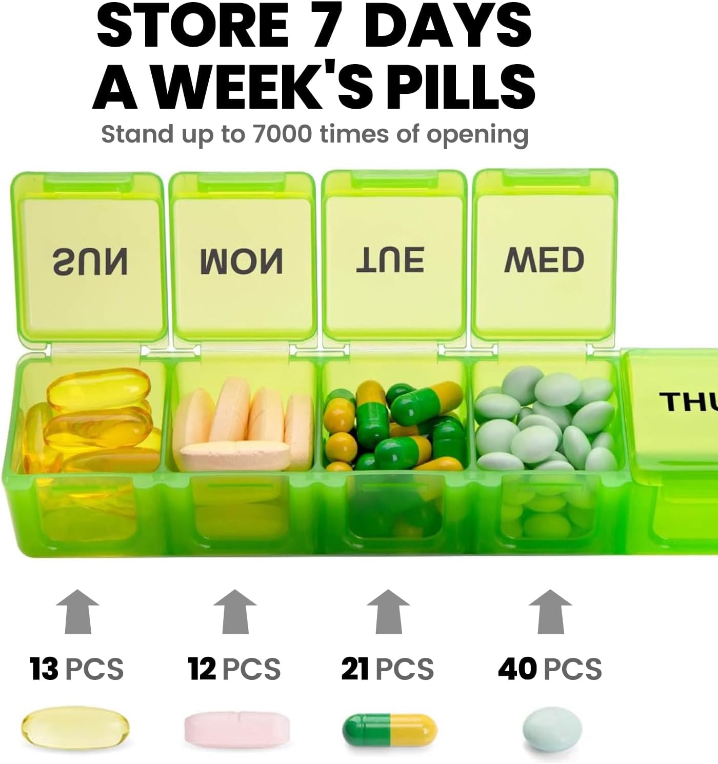 Sukuos Extra Large 7 Day Pill Organizer Easy to Open, Weekly Pill Box Daily Medicine Case with Clear Lid, Silkscreen Printed Vitamin Holder for Fish Oils or Supplements (Green)
