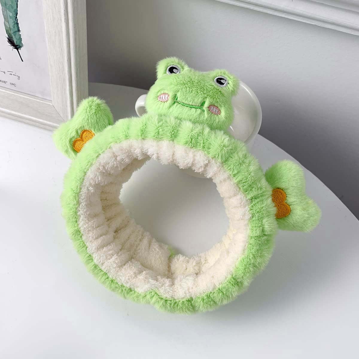 Cute Kawaii Spa Headband Green Frog headband for Women's Skincare, Makeup and Washing - Soft Microfiber Coral Fluffy Towel Headbands for Girls' Hair