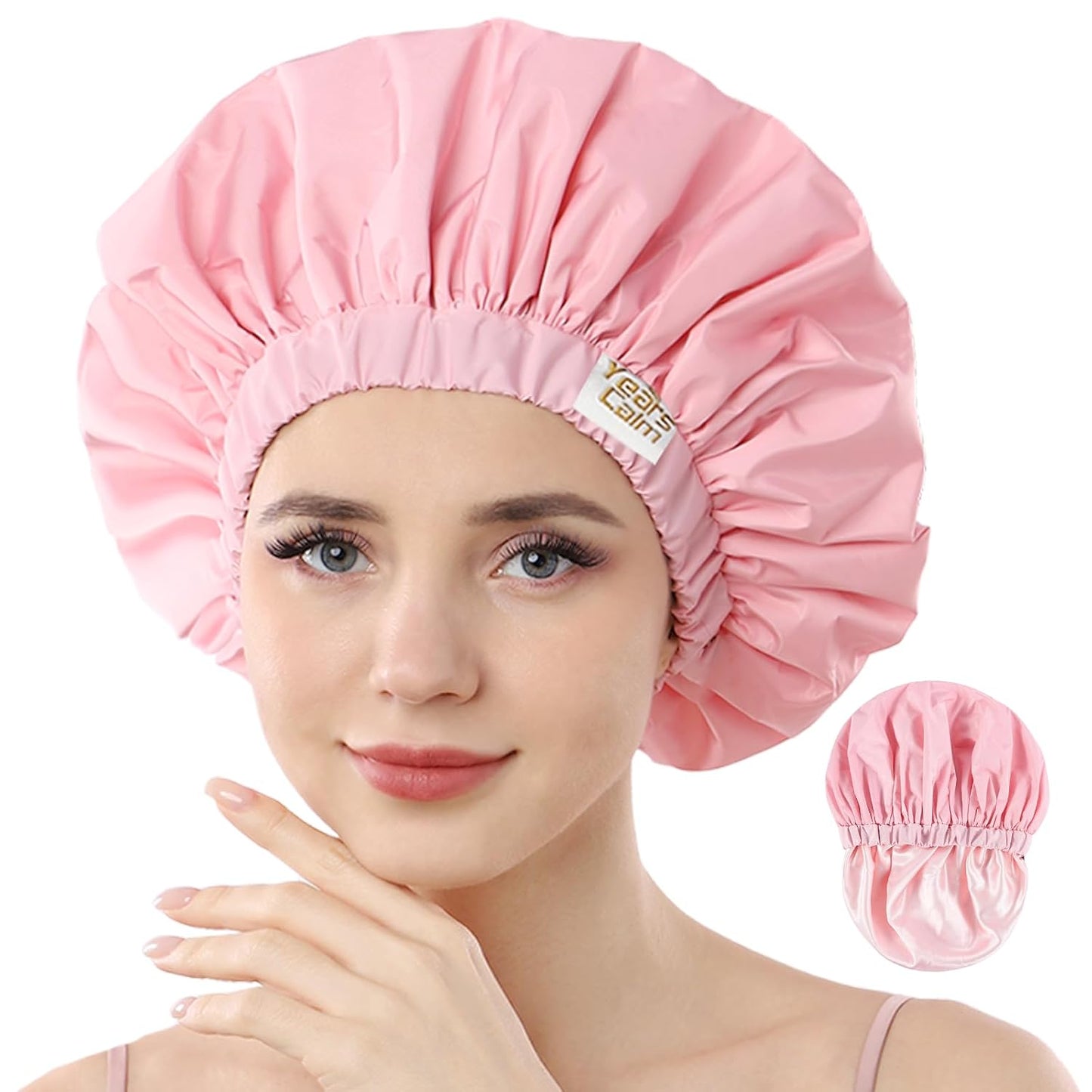 Years calm Reusable Waterproof Shower Caps for Women, Hair Caps for Showers, Double-Layer Elastic Design, for All Hairstyles, Travel-Friendly (pink)