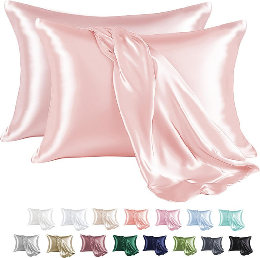 MR&HM Satin Pillowcase for Hair and Skin, Silk Satin Pillowcase 2 Pack, Standard Size Pillow Cases Set of 2, Silky Pillow Cover with Envelope Closure (20x26, Light Pink)