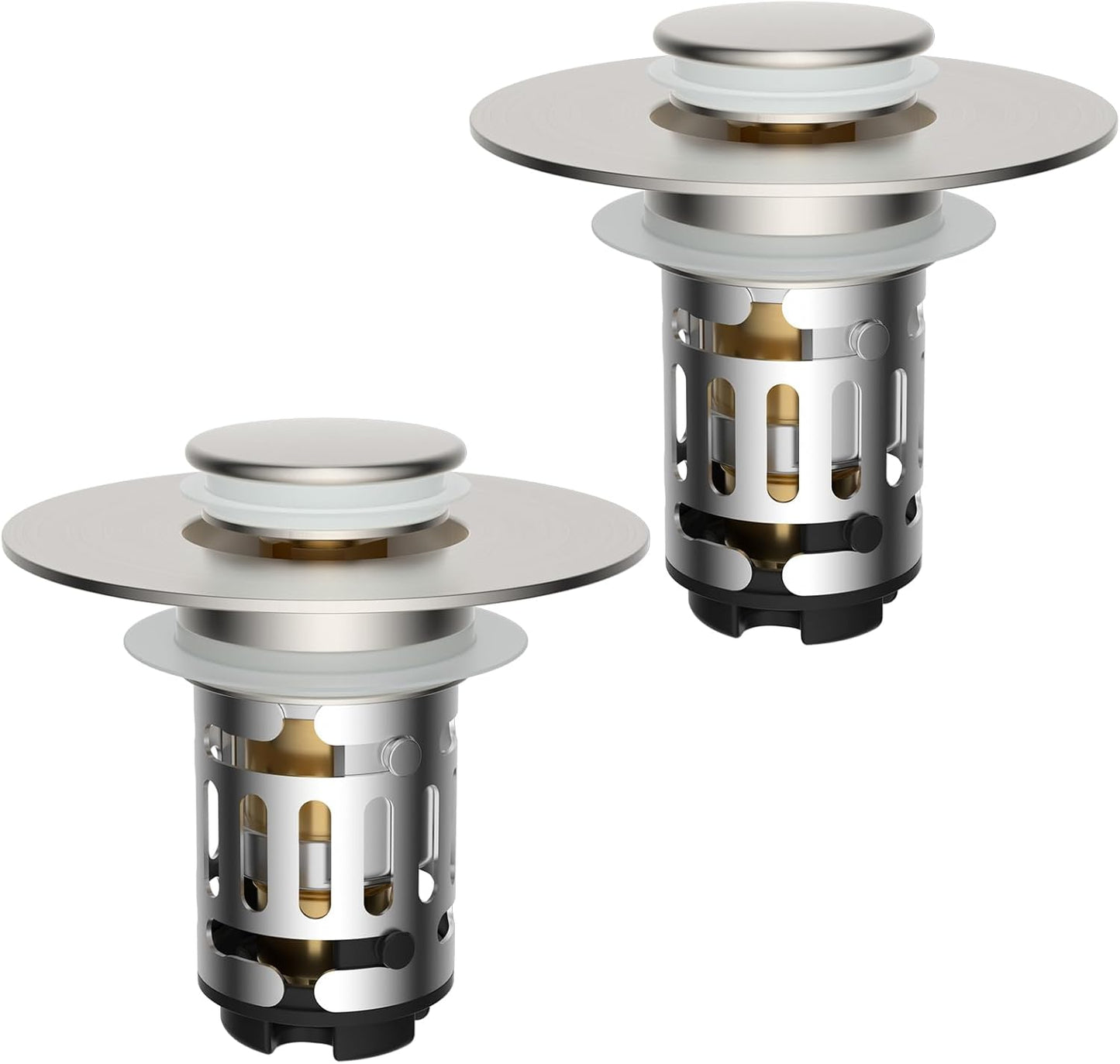 Hibbent 2 Pack Upgraded 3 in 1 Bathroom Sink Drain Strainer, Universal Pop Up Stopper with Removable Stainless Steel Filter Basket Hair Catcher, Sink Plug for 1.1''~2.36'' Basin, Brushed Nickel
