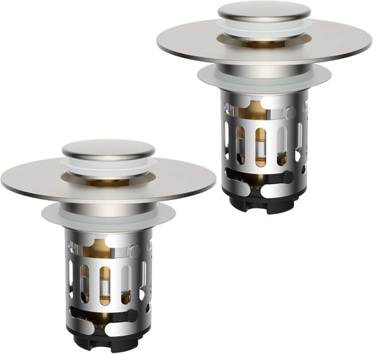 Hibbent 2 Pack Upgraded 3 in 1 Bathroom Sink Drain Strainer, Universal Pop Up Stopper with Removable Stainless Steel Filter Basket Hair Catcher, Sink Plug for 1.1''~2.36'' Basin, Brushed Nickel